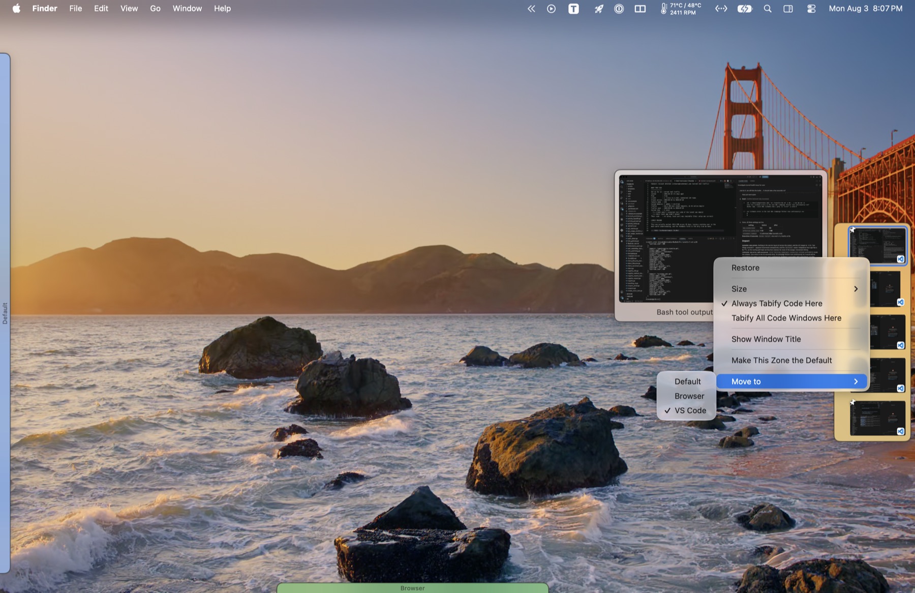 The right-click menu on a tab, with a submenu listing the zones a window can be moved to
